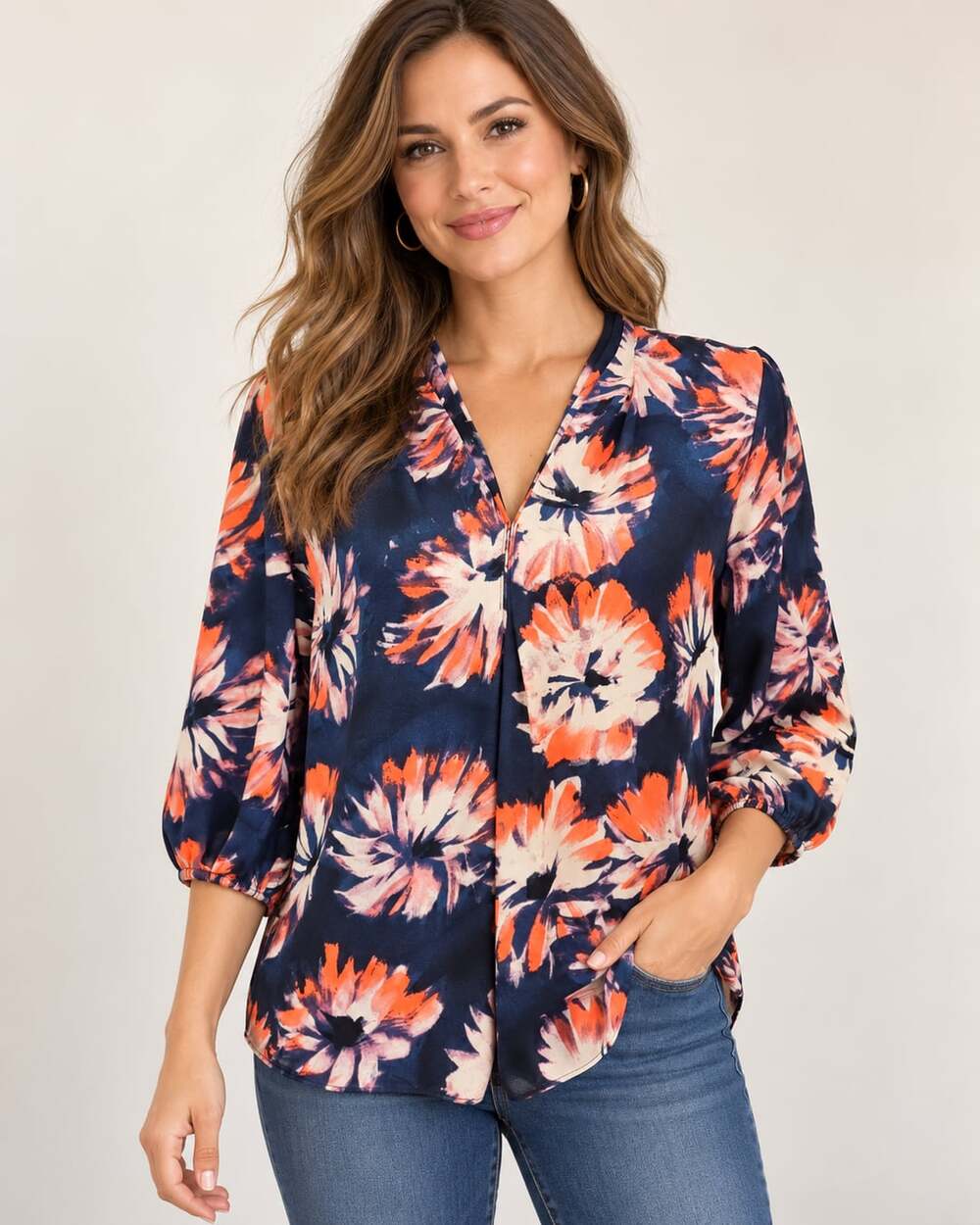 DKNY Floral V-Neck Blouse